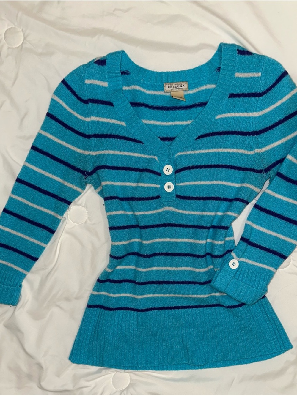Y2K Arizona Jean Company Striped V-Neck Sweater - Turquoise, White, and Purple